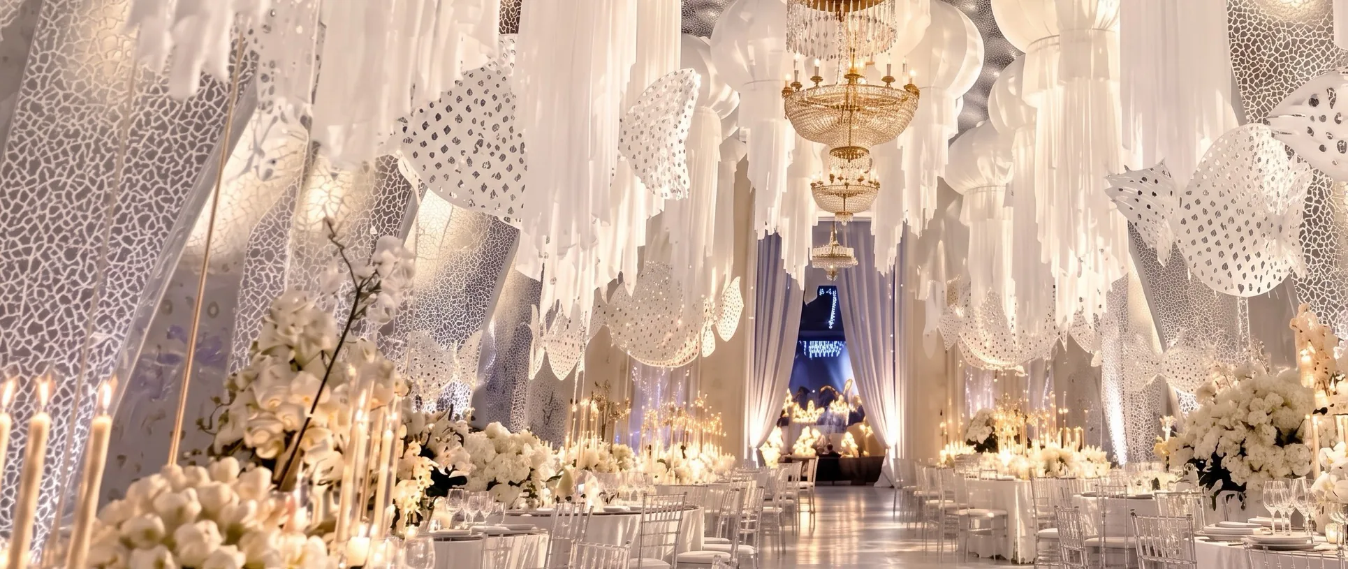 Lámparas de araña de cristal y oro sobre el pasillo de un salón de baile —decorado con drapeados blancos y flanqueado por mesas con arreglos florales y velas, y sillas Chiavari  durante el Copa Ball.